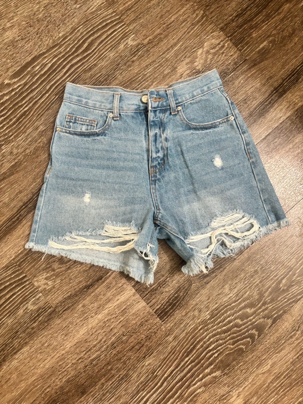 Forever 21 Light Blue Distressed High-Waist Denim Shorts
